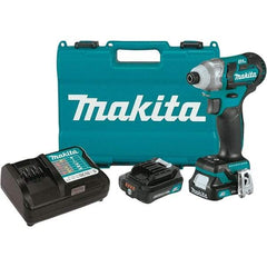 Makita - 12 Volt, 1/4" Drive, 100 Ft/Lb Torque, Cordless Impact Driver - Pistol Grip Handle, 3000 RPM, 2 Lithium-Ion Batteries Included - Top Tool & Supply