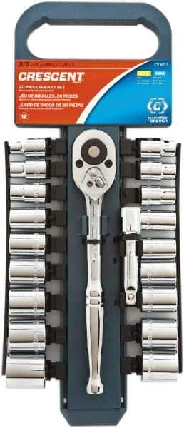 Crescent - 20 Piece 3/8" Drive Chrome Finish Socket Set - 12 Points, 5/16" to 13/16" (9mm to 19mm) Range, Inch/Metric Measurement Standard - Top Tool & Supply