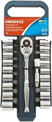 Crescent - 20 Piece 3/8" Drive Chrome Finish Socket Set - 12 Points, 5/16" to 13/16" (9mm to 19mm) Range, Inch/Metric Measurement Standard - Top Tool & Supply