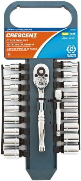 Crescent - 20 Piece 1/4" Drive Chrome Finish Socket Set - 6 Points, 3/16" to 1/2" (5mm to 13mm) Range, Inch/Metric Measurement Standard - Top Tool & Supply