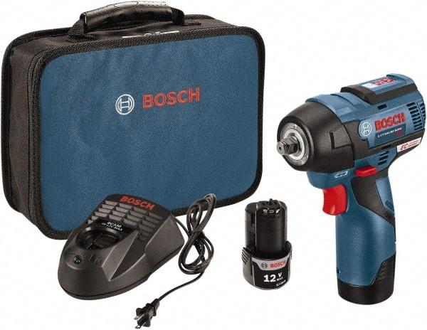 Bosch - 3/8" Drive 12 Volt Pistol Grip Cordless Impact Wrench & Ratchet - 1,200/2,600 RPM, 0 to 3,100 BPM, 85 Ft/Lb Torque, 2 Lithium-Ion Batteries Included - Top Tool & Supply