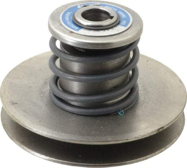 Lovejoy - 1.72" Min Pitch, 3-1/2" Long, 4.65" Max Diam, Spring Loaded Variable Speed Pulley - 5" Outside Diam, 3/4" Inside Diam, 1/2 Hp at 1750 RPM, 0.333 Hp at 1150 RPM - Top Tool & Supply