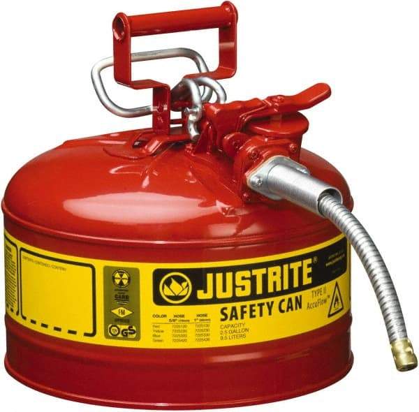 Justrite - 2.5 Gal Galvanized Steel Type II Safety Can - 12" High x 11-3/4" Diam, Red with Yellow - Top Tool & Supply