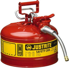 Justrite - 2 Gal Galvanized Steel Type II Safety Can - 13-1/4" High x 9-1/2" Diam, Red with Yellow - Top Tool & Supply