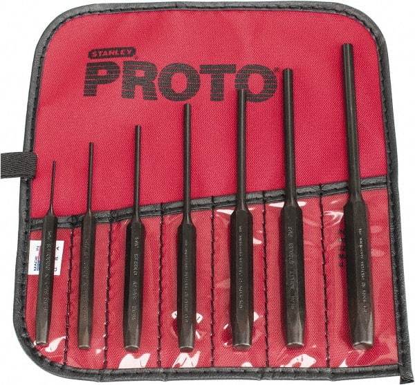 Proto - 7 Piece, 1/16 to 1/4", Pin Punch Set - Hex Shank, Steel, Comes in Tool Roll - Top Tool & Supply