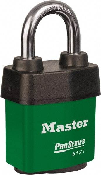 Master Lock - 1-1/8" Shackle Clearance, Keyed Different Padlock - 5/16" Shackle Diam, Laminated Steel - Top Tool & Supply