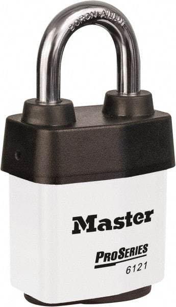 Master Lock - 1-1/8" Shackle Clearance, Keyed Different Padlock - 5/16" Shackle Diam, Laminated Steel - Top Tool & Supply