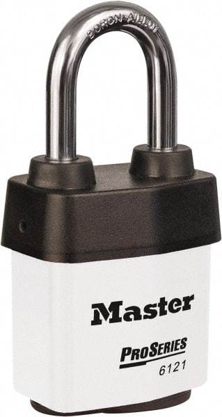 Master Lock - 1-1/2" Shackle Clearance, Keyed Different Padlock - 5/16" Shackle Diam, Laminated Steel - Top Tool & Supply