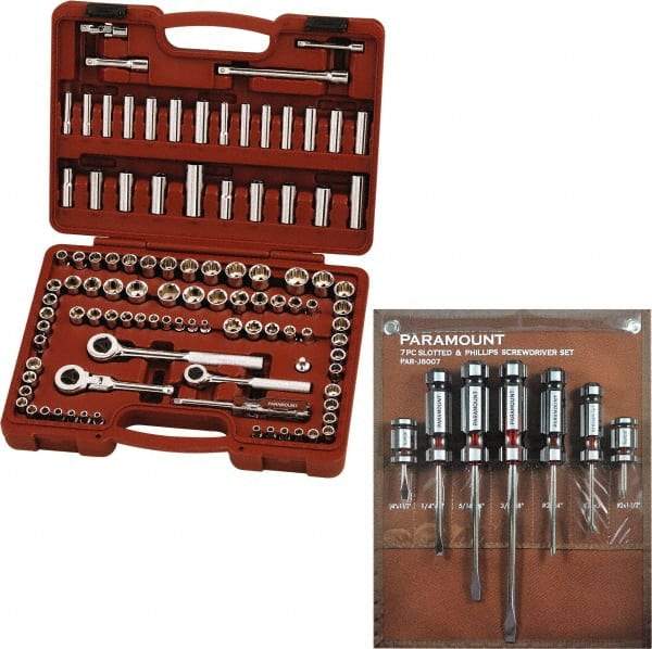 Paramount - 110 Piece 1/4" & 3/8" Drive Deep Well Socket Set - 6, 8, 12 Points, 5/32" to 13/16" (4mm to 19mm) Range, Inch/Metric Measurement Standard - Top Tool & Supply