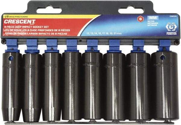 Crescent - 8 Piece 1/2" Drive Chrome Vanadium Finish Deep Well Socket Set - 6 Points, 12mm to 21mm Range, Metric Measurement Standard - Top Tool & Supply