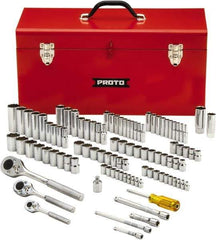 Proto - 101 Piece 1/4", 3/8" & 1/2" Drive Chrome Finish Deep Well Socket Set - 6, 8, 12 Points, 1/4" to 1" (4mm to 19mm) Range, Inch/Metric Measurement Standard - Top Tool & Supply