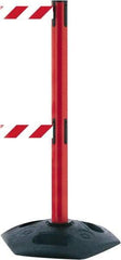 Tensator - 38" High, 2-1/2" Pole Diam, 4 Way Stanchion - 19" Base Diam, Octagon Recycled Rubber Base, Red Plastic Post, 7-1/2' x 2" Tape, Dual Line Tape, For Outdoor Use - Top Tool & Supply