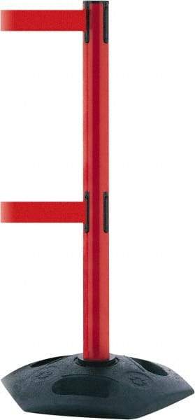 Tensator - 38" High, 2-1/2" Pole Diam, 4 Way Stanchion - 19" Base Diam, Octagon Recycled Rubber Base, Red Plastic Post, 7-1/2' x 2" Tape, Dual Line Tape, For Outdoor Use - Top Tool & Supply