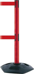 Tensator - 38" High, 2-1/2" Pole Diam, 4 Way Stanchion - 19" Base Diam, Octagon Recycled Rubber Base, Red Plastic Post, 7-1/2' x 2" Tape, Dual Line Tape, For Outdoor Use - Top Tool & Supply