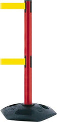 Tensator - 38" High, 2-1/2" Pole Diam, 4 Way Stanchion - 19" Base Diam, Octagon Recycled Rubber Base, Red Plastic Post, 7-1/2' x 2" Tape, Dual Line Tape, For Outdoor Use - Top Tool & Supply