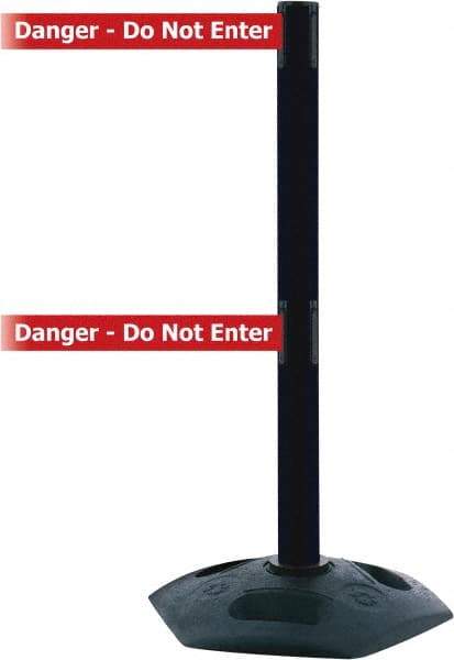 Tensator - 38" High, 2-1/2" Pole Diam, 4 Way Stanchion - 19" Base Diam, Octagon Recycled Rubber Base, Black Plastic Post, 7-1/2' x 2" Tape, Dual Line Tape, For Outdoor Use - Top Tool & Supply