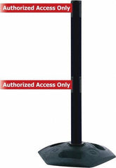 Tensator - 38" High, 2-1/2" Pole Diam, 4 Way Stanchion - 19" Base Diam, Octagon Recycled Rubber Base, Black Plastic Post, 7-1/2' x 2" Tape, Dual Line Tape, For Outdoor Use - Top Tool & Supply