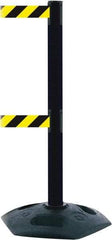 Tensator - 38" High, 2-1/2" Pole Diam, 4 Way Stanchion - 19" Base Diam, Octagon Recycled Rubber Base, Black Plastic Post, 7-1/2' x 2" Tape, Dual Line Tape, For Outdoor Use - Top Tool & Supply