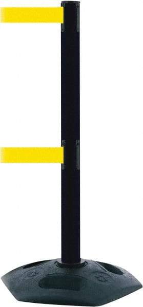 Tensator - 38" High, 2-1/2" Pole Diam, 4 Way Stanchion - 19" Base Diam, Octagon Recycled Rubber Base, Black Plastic Post, 7-1/2' x 2" Tape, Dual Line Tape, For Outdoor Use - Top Tool & Supply