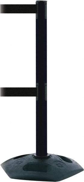 Tensator - 38" High, 2-1/2" Pole Diam, 4 Way Stanchion - 19" Base Diam, Octagon Recycled Rubber Base, Black Plastic Post, 7-1/2' x 2" Tape, Dual Line Tape, For Outdoor Use - Top Tool & Supply