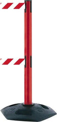 Tensator - 38" High, 2-1/2" Pole Diam, 4 Way Stanchion - 19" Base Diam, Octagon Recycled Rubber Base, Red Plastic Post, 13' x 2" Tape, Dual Line Tape, For Outdoor Use - Top Tool & Supply