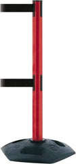 Tensator - 38" High, 2-1/2" Pole Diam, 4 Way Stanchion - 19" Base Diam, Octagon Recycled Rubber Base, Red Plastic Post, 13' x 2" Tape, Dual Line Tape, For Outdoor Use - Top Tool & Supply