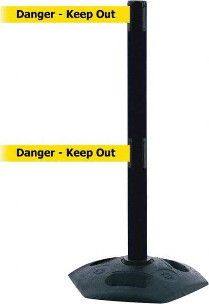 Tensator - 38" High, 2-1/2" Pole Diam, 4 Way Stanchion - 19" Base Diam, Octagon Recycled Rubber Base, Black Plastic Post, 13' x 2" Tape, Dual Line Tape, For Outdoor Use - Top Tool & Supply