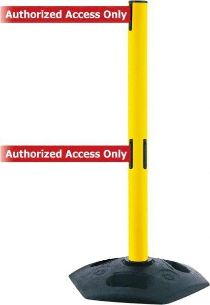 Tensator - 38" High, 2-1/2" Pole Diam, 4 Way Stanchion - 19" Base Diam, Octagon Recycled Rubber Base, Yellow Plastic Post, 7-1/2' x 2" Tape, Dual Line Tape, For Outdoor Use - Top Tool & Supply