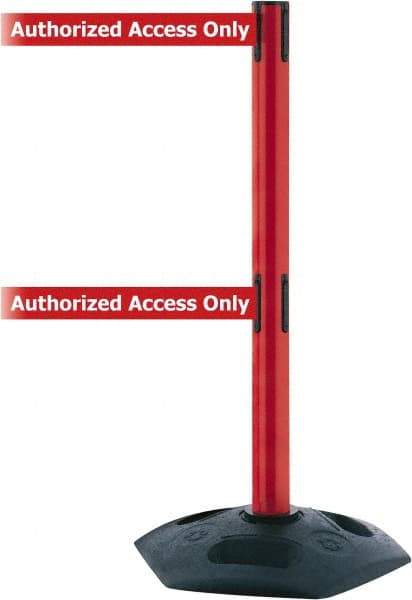 Tensator - 38" High, 2-1/2" Pole Diam, 4 Way Stanchion - 19" Base Diam, Octagon Recycled Rubber Base, Red Plastic Post, 7-1/2' x 2" Tape, Dual Line Tape, For Outdoor Use - Top Tool & Supply