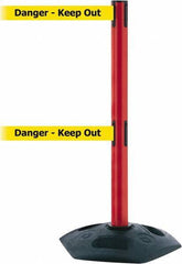 Tensator - 38" High, 2-1/2" Pole Diam, 4 Way Stanchion - 19" Base Diam, Octagon Recycled Rubber Base, Red Plastic Post, 7-1/2' x 2" Tape, Dual Line Tape, For Outdoor Use - Top Tool & Supply