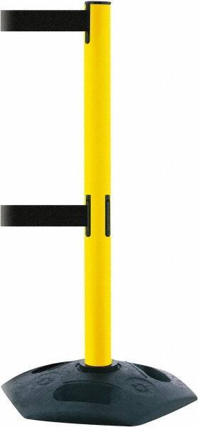 Tensator - 38" High, 2-1/2" Pole Diam, 4 Way Stanchion - 19" Base Diam, Octagon Recycled Rubber Base, Yellow Plastic Post, 7-1/2' x 2" Tape, Dual Line Tape, For Outdoor Use - Top Tool & Supply