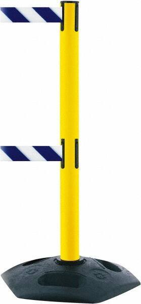 Tensator - 38" High, 2-1/2" Pole Diam, 4 Way Stanchion - 19" Base Diam, Octagon Recycled Rubber Base, Yellow Plastic Post, 7-1/2' x 2" Tape, Dual Line Tape, For Outdoor Use - Top Tool & Supply