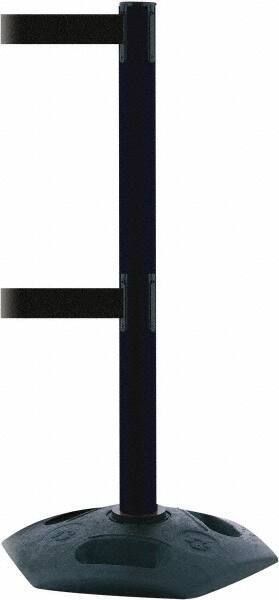 Tensator - 38" High, 2-1/2" Pole Diam, 4 Way Stanchion - 19" Base Diam, Octagon Recycled Rubber Base, Black Plastic Post, 13' x 2" Tape, Dual Line Tape, For Outdoor Use - Top Tool & Supply