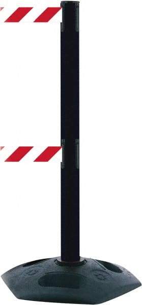 Tensator - 38" High, 2-1/2" Pole Diam, 4 Way Stanchion - 19" Base Diam, Octagon Recycled Rubber Base, Black Plastic Post, 13' x 2" Tape, Dual Line Tape, For Outdoor Use - Top Tool & Supply