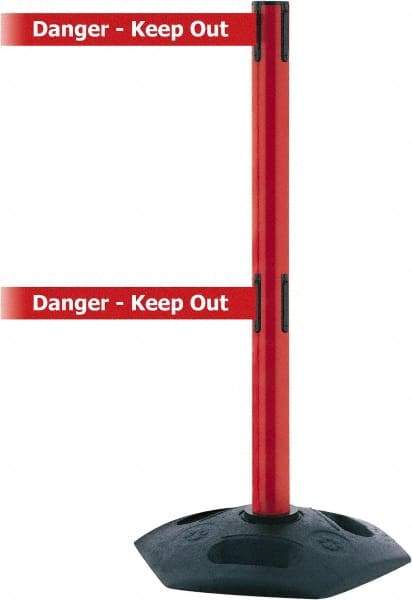 Tensator - 38" High, 2-1/2" Pole Diam, 4 Way Stanchion - 19" Base Diam, Octagon Recycled Rubber Base, Red Plastic Post, 13' x 2" Tape, Dual Line Tape, For Outdoor Use - Top Tool & Supply