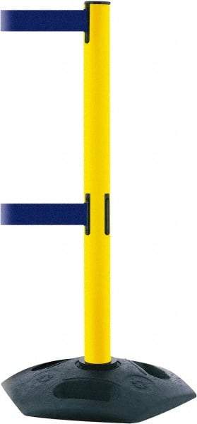 Tensator - 38" High, 2-1/2" Pole Diam, 4 Way Stanchion - 19" Base Diam, Octagon Recycled Rubber Base, Yellow Plastic Post, 13' x 2" Tape, Dual Line Tape, For Outdoor Use - Top Tool & Supply