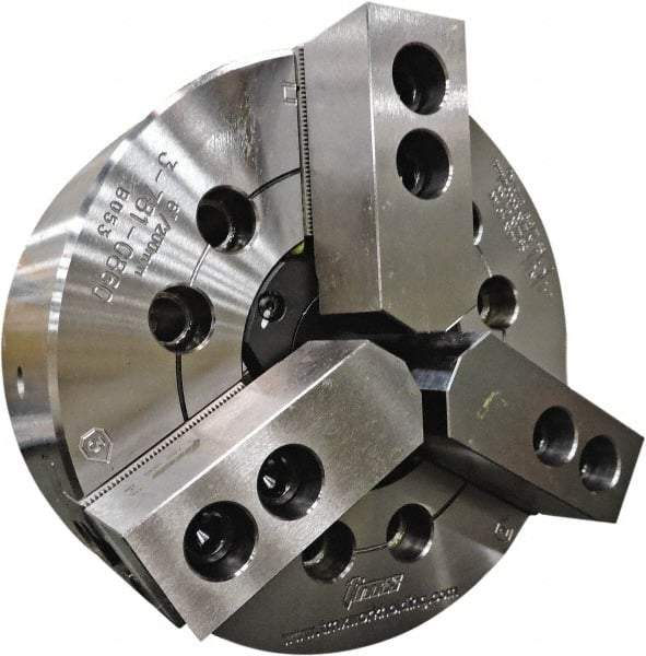 TMX - 3 Jaws, 12" Chuck Diam, Plain Back Mount, 3.5827" Through Hole, Drawtube, Hydraulic Power Lathe Chuck - 1.3386" to 11.9685" Jaw Capacity, 3,300 RPM - Top Tool & Supply