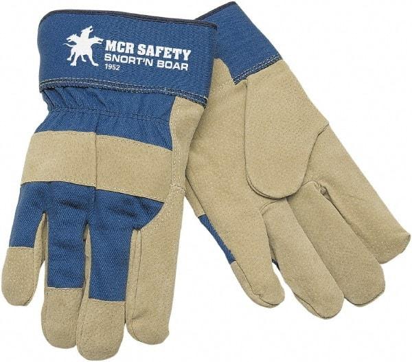 MCR Safety - Size L Pigskin General Protection Work Gloves - For Work & Driver, Uncoated, Safety Cuff, Gray/Blue, Paired - Top Tool & Supply