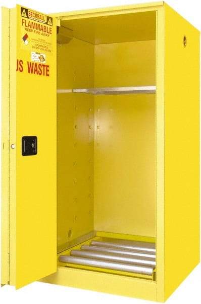 Securall Cabinets - 34" Wide x 34" Deep x 65" High, 18 Gauge Steel Vertical Drum Cabinet with 3 Point Key Lock - Yellow, Self-Closing Door, 1 Shelf, 1 Drum, Drum Rollers Included - Top Tool & Supply