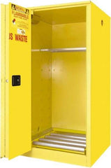 Securall Cabinets - 34" Wide x 34" Deep x 65" High, 18 Gauge Steel Vertical Drum Cabinet with 3 Point Key Lock - Yellow, Self-Closing Door, 1 Shelf, 1 Drum, Drum Rollers Included - Top Tool & Supply