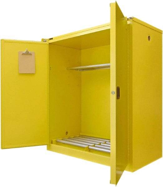 Securall Cabinets - 56" Wide x 31" Deep x 67" High, 18 Gauge Steel Vertical Drum Cabinet with 3 Point Key Lock - Yellow, Self-Closing Door, 1 Shelf, 2 Drums, Drum Rollers Included - Top Tool & Supply