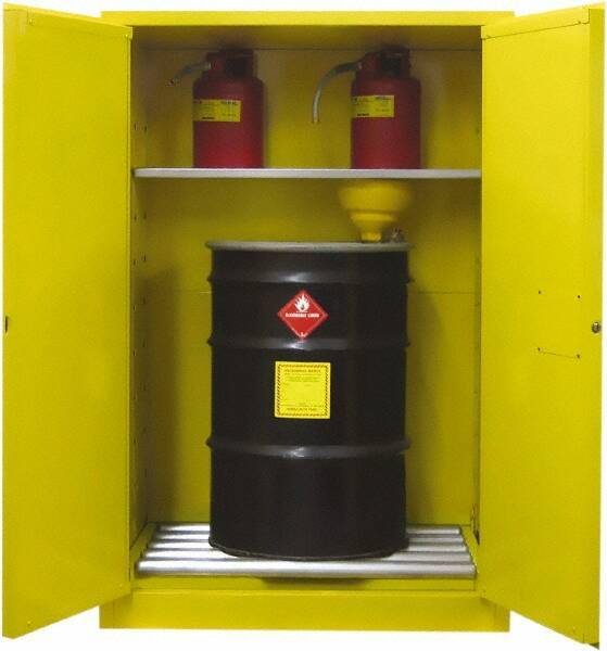 Securall Cabinets - 43" Wide x 31" Deep x 67" High, 18 Gauge Steel Vertical Drum Cabinet with 3 Point Key Lock - Yellow, Self-Closing Door, 1 Shelf, 2 Drums, Drum Rollers Included - Top Tool & Supply