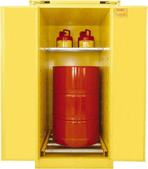 Securall Cabinets - 31" Wide x 31" Deep x 67" High, 18 Gauge Steel Vertical Drum Cabinet with 3 Point Key Lock - Yellow, Self-Closing Door, 1 Shelf, 1 Drum, Drum Rollers Included - Top Tool & Supply