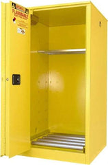 Securall Cabinets - 34" Wide x 34" Deep x 65" High, 18 Gauge Steel Vertical Drum Cabinet with 3 Point Key Lock - Yellow, Sliding Door Door, 1 Shelf, 1 Drum, Drum Rollers Included - Top Tool & Supply