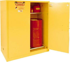 Securall Cabinets - 56" Wide x 31" Deep x 65" High, 18 Gauge Steel Vertical Drum Cabinet with 3 Point Key Lock - Yellow, Manual Closing Door, 3 Shelves, 1 Drum, Drum Rollers Included - Top Tool & Supply