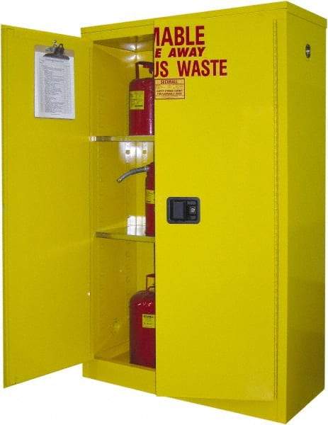 Securall Cabinets - 2 Door, 2 Shelf, Yellow Steel Standard Safety Cabinet for Flammable and Combustible Liquids - 65" High x 43" Wide x 18" Deep, Manual Closing Door, 3 Point Key Lock, 45 Gal Capacity - Top Tool & Supply