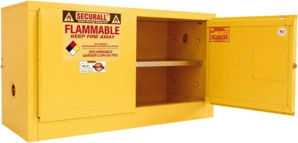 Securall Cabinets - 2 Door, 1 Shelf, Yellow Steel Stackable Safety Cabinet for Flammable and Combustible Liquids - 26" High x 43" Wide x 18" Deep, Self Closing Door, 3 Point Key Lock, 18 Gal Capacity - Top Tool & Supply