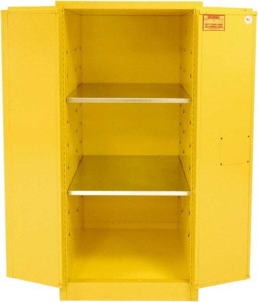 Securall Cabinets - 2 Door, 2 Shelf, Yellow Steel Standard Safety Cabinet for Flammable and Combustible Liquids - 65" High x 31" Wide x 31" Deep, Manual Closing Door, 3 Point Key Lock, 60 Gal Capacity - Top Tool & Supply