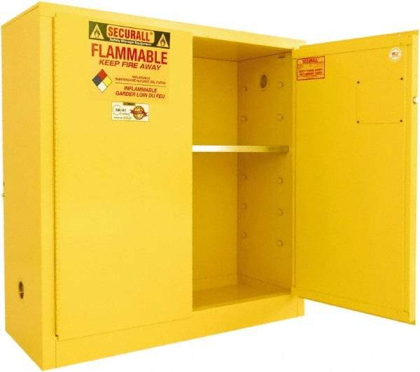 Securall Cabinets - 2 Door, 1 Shelf, Yellow Steel Standard Safety Cabinet for Flammable and Combustible Liquids - 44" High x 43" Wide x 18" Deep, Manual Closing Door, 3 Point Key Lock, 30 Gal Capacity - Top Tool & Supply