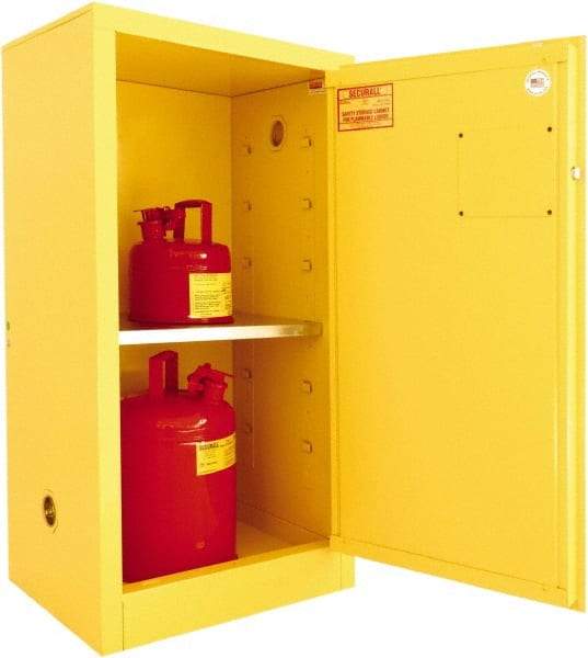 Securall Cabinets - 1 Door, 1 Shelf, Yellow Steel Standard Safety Cabinet for Flammable and Combustible Liquids - 44" High x 23-3/16" Wide x 18" Deep, Manual Closing Door, 3 Point Key Lock, 16 Gal Capacity - Top Tool & Supply